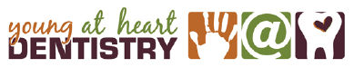 Text graphic with phrases 'young at heart' and 'dENTISTRY' with symbols such as a hand, '@' symbol, and hearts.