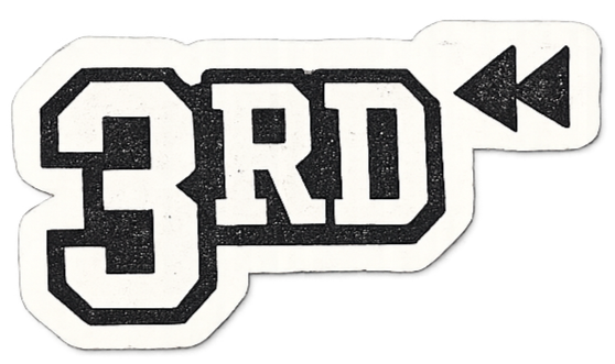 Sticker with the text '3RD' in bold block letters and a backward arrow pointing to the right.