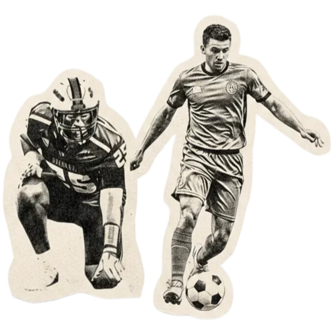 Collage of two male athletes, one is a football player in uniform and helmet, crouching, the other is a soccer player in sportswear dribbling a soccer ball.