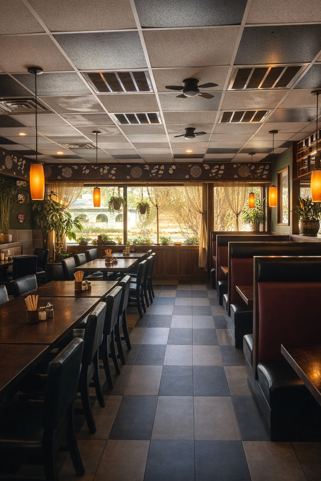 Empty restaurant with wooden tables and black chairs, booth seating on the right, potted plants, hanging pendant lights, and large windows with curtains allowing natural light in.
