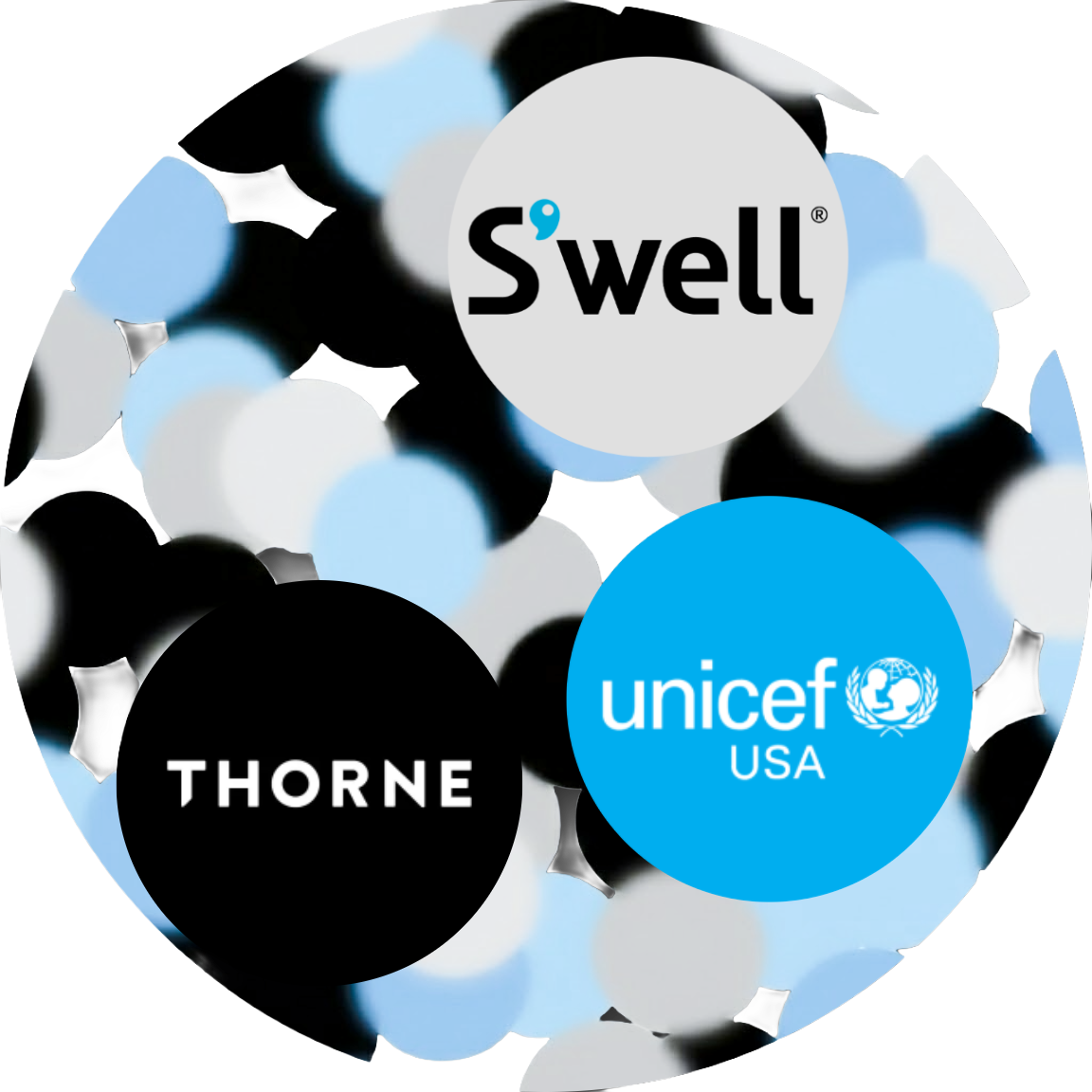 Collage of logos for Swell, UNICEF USA, Thorne, and various pills in black, white, and blue colors.