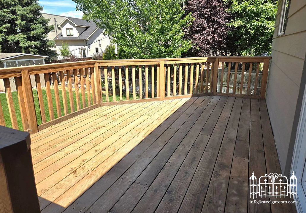 Photo of a newly built wooden deck attached to a house, with a wooden railing and a view of a green backyard with trees and neighboring houses.