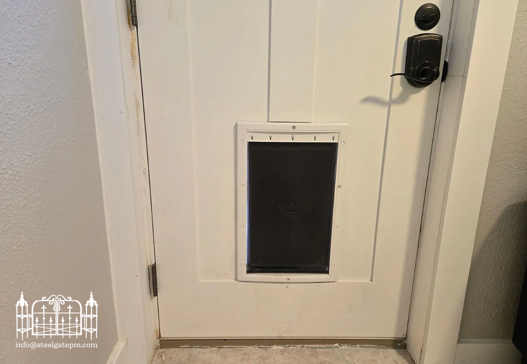 White door with a black pet door installed at the bottom center and a black digital lock handle on the right.