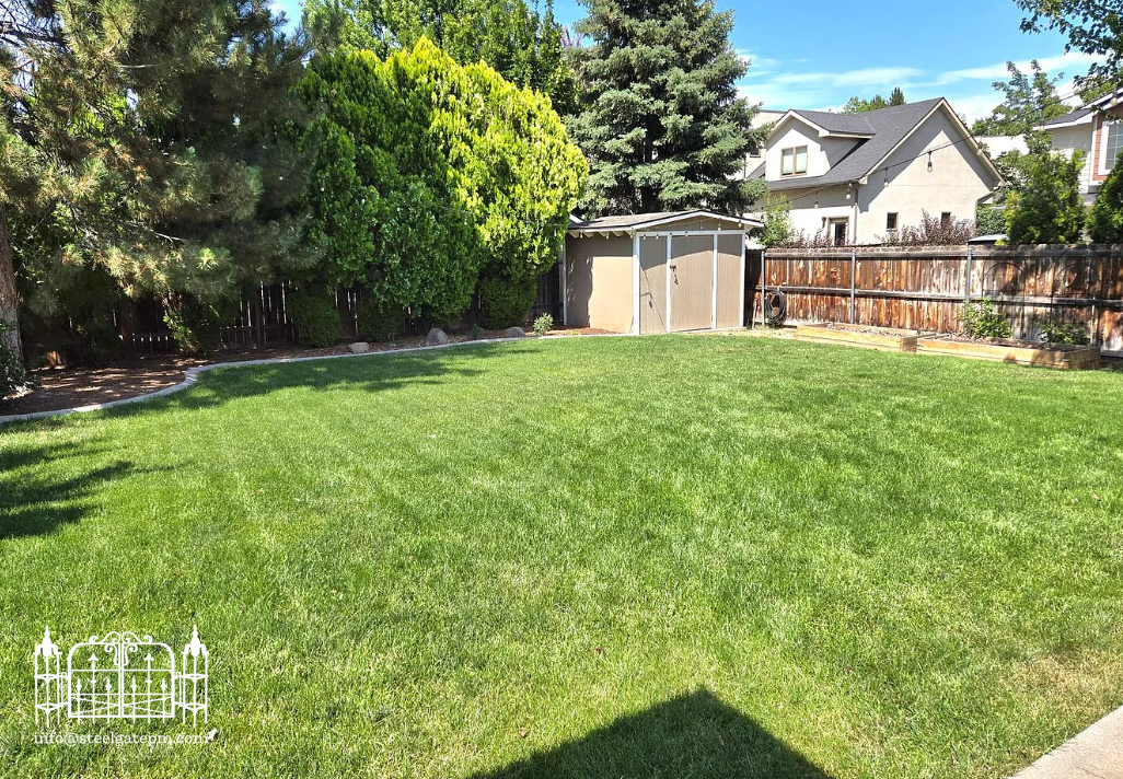 A lush, green backyard lawn with mature trees, a small storage shed, a wooden fence, and neighboring houses under a bright blue sky.