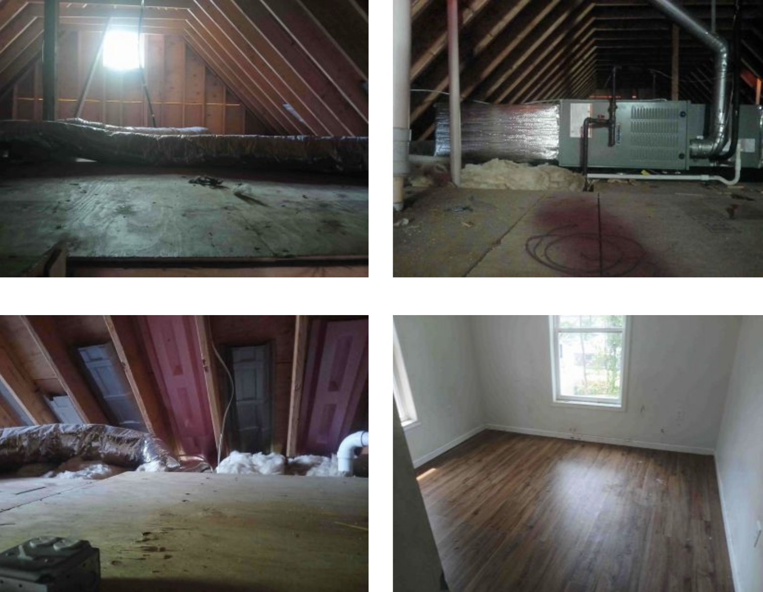 Progression of attic renovation showing before and after photos: top left shows unfinished attic with exposed insulation, top right shows HVAC equipment installation, bottom left shows insulation and wiring, bottom right shows finished room with new hardwood flooring and painted walls.