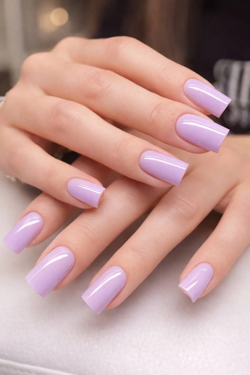 Close-up of manicured nails painted in light lavender with a glossy finish on a person's hand.