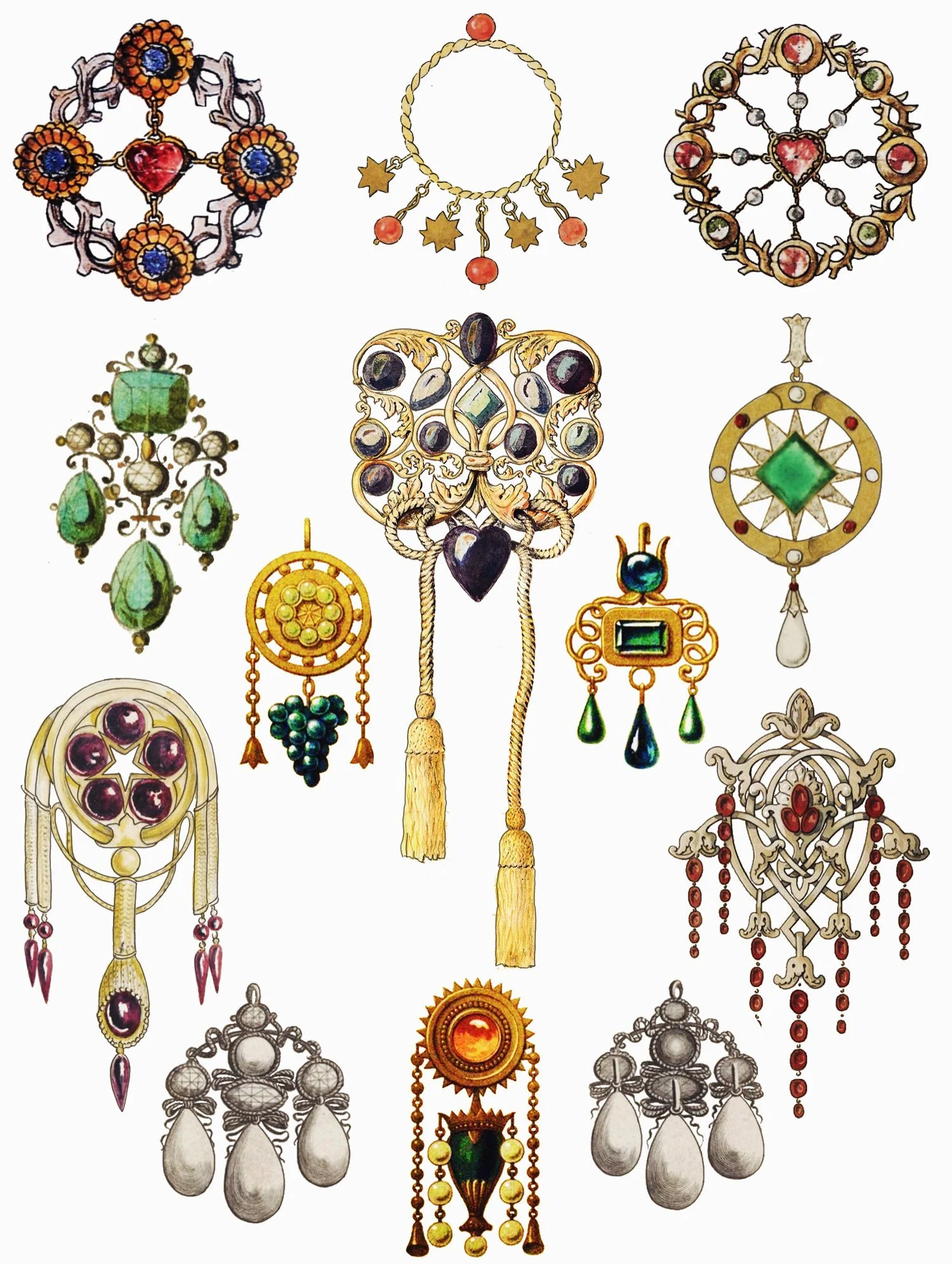 Collection of 12 ornate jewelry brooches and pins with various gemstones, including diamonds, emeralds, sapphires, and rubies, in intricate gold and silver settings, displayed against a white background.