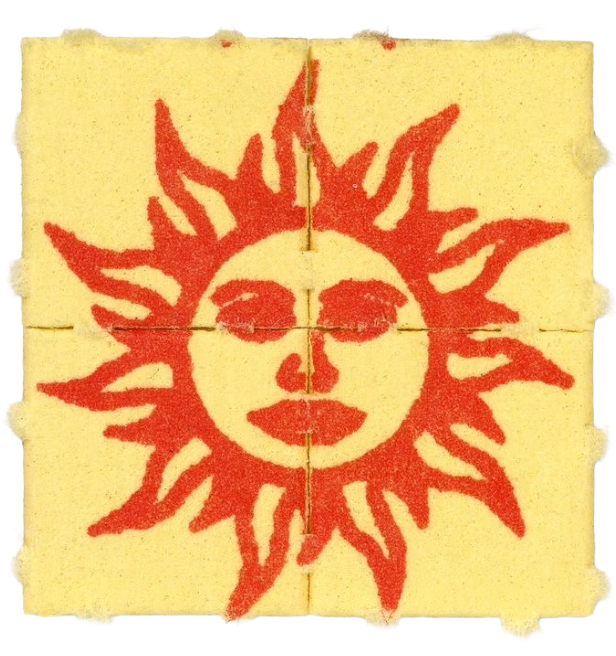 A sun illustration with a human face, orange in color, on a yellow background.