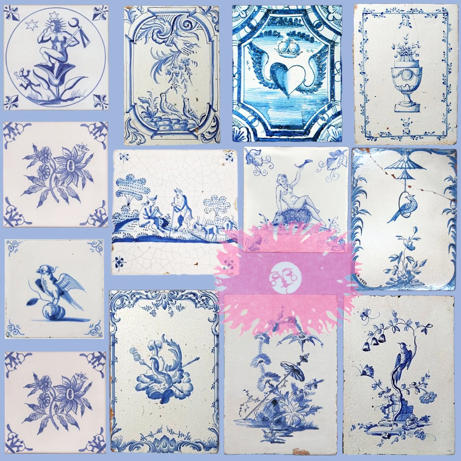 Collection of vintage blue and white ceramic tiles with floral, animal, and mythological motifs.