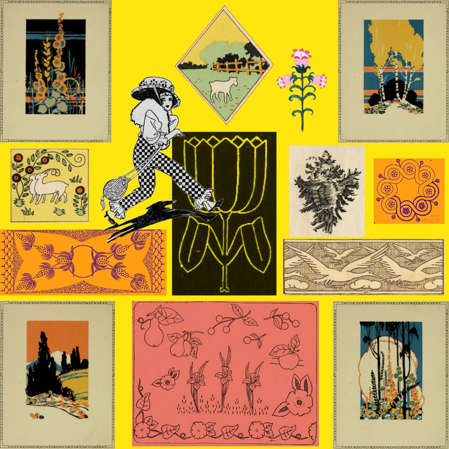Collection of vintage-style illustrations with nature and folk art themes, featuring flowers, landscapes, animals, birds, and a walking woman in checkered clothing on a painted background.