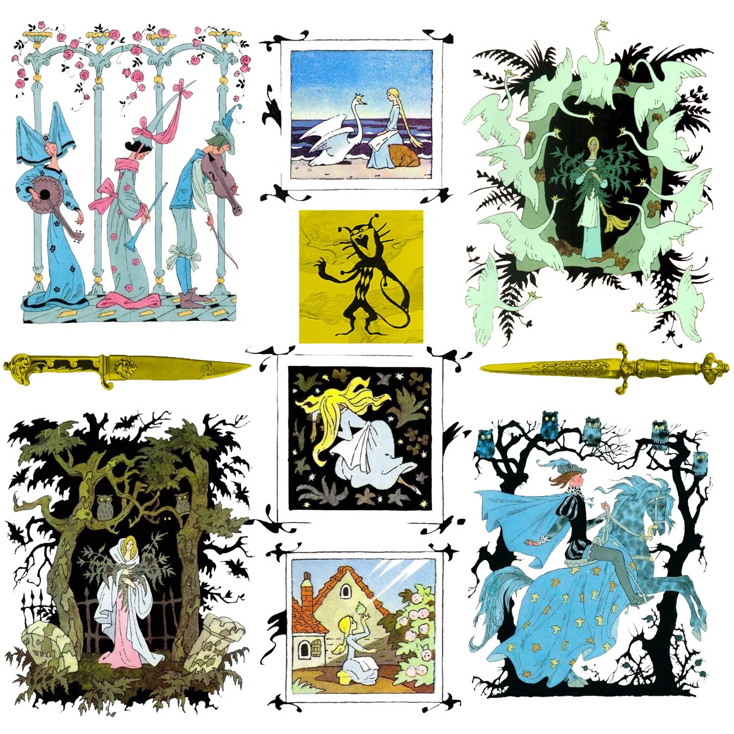 A collage of illustrations from the fairy tale 'Sleeping Beauty,' including the three fairy godmothers, the prince on horseback, the princess asleep, the evil fairy, the fairy with a spinning wheel, and scenes with trees, owls, and a castle.