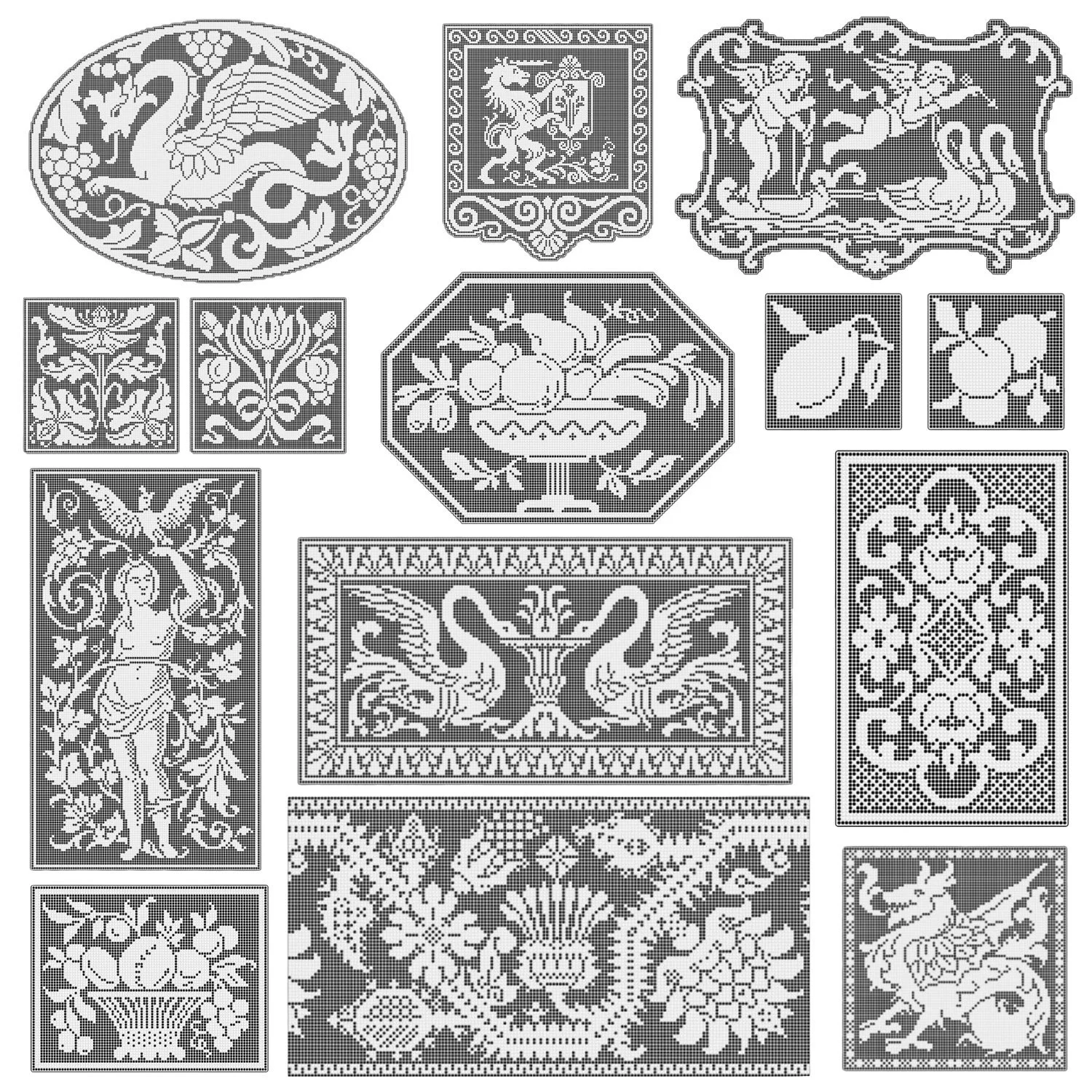 Collection of various decorative cross-stitch patterns featuring animals, floral motifs, mythological figures, and intricate geometric designs.