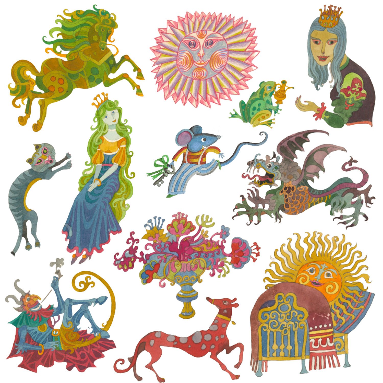 Colorful illustration featuring a lion, sun face, queen, frog with crown, mouse with key, dragon, mermaid, vase with flowers, chameleon, sun with face, and a pink and gray spotted dog.