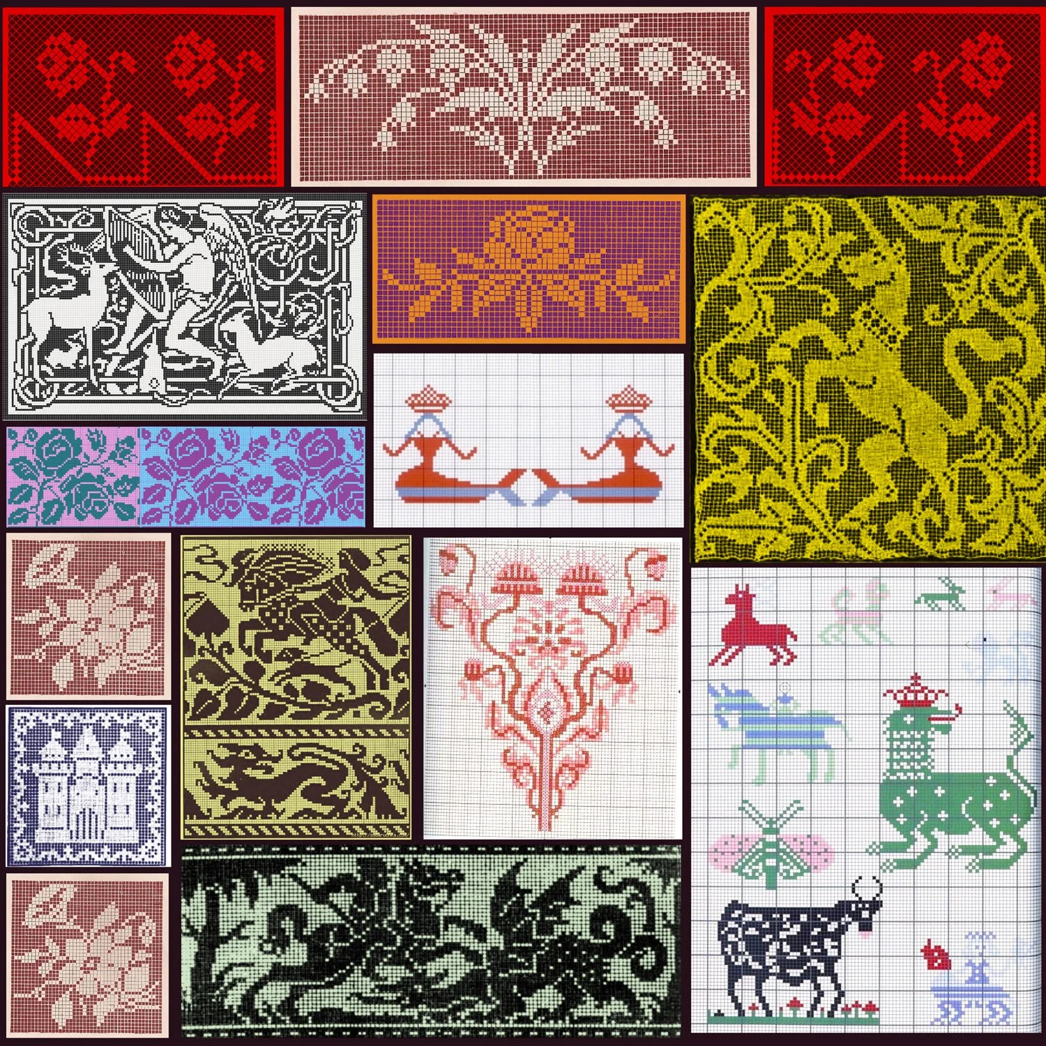 Collage of cross-stitch patterns featuring various motifs including animals, floral designs, and abstract shapes in different colors and styles.