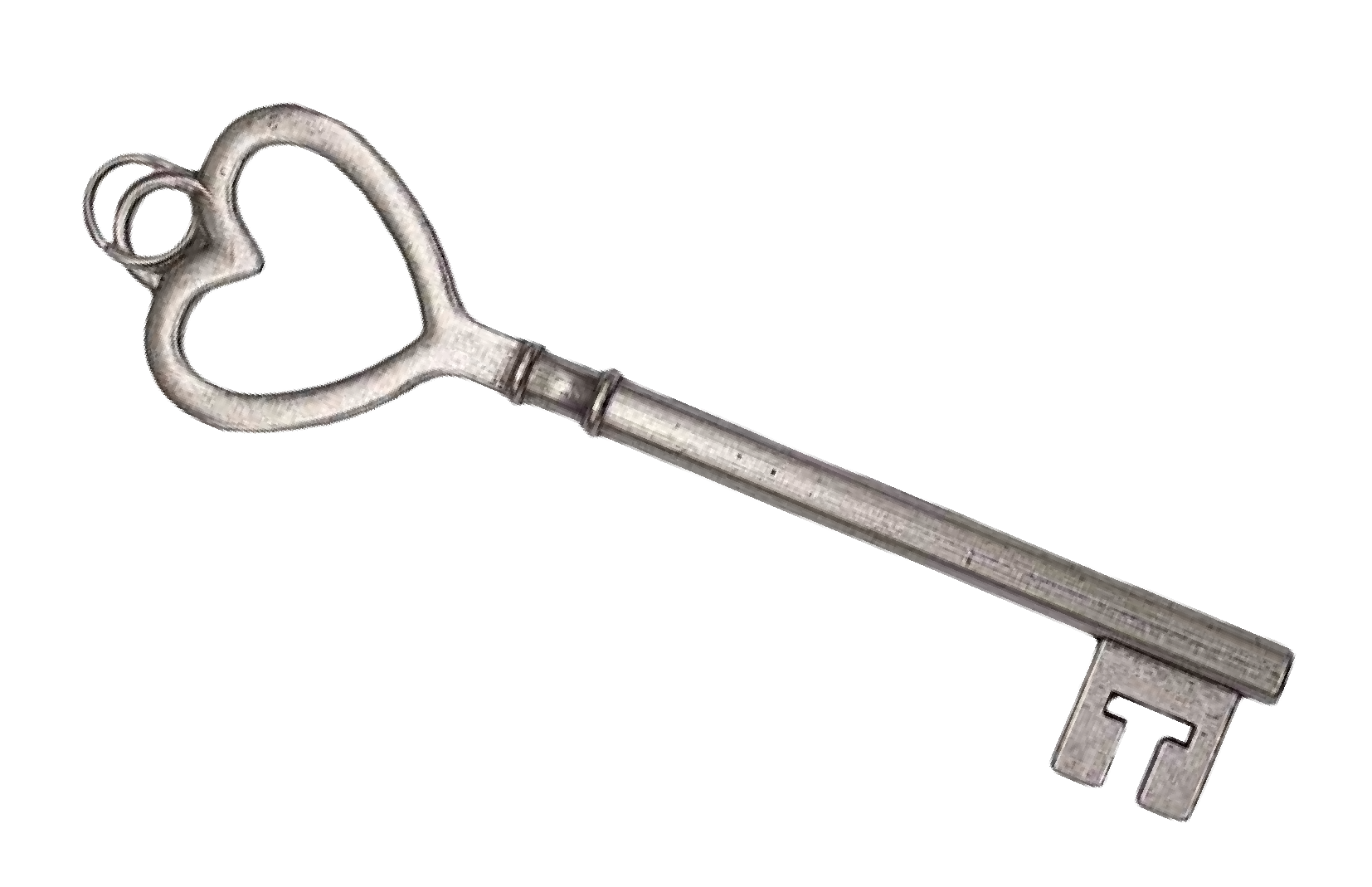 A vintage metal skeleton key with a round handle and bit at the end.