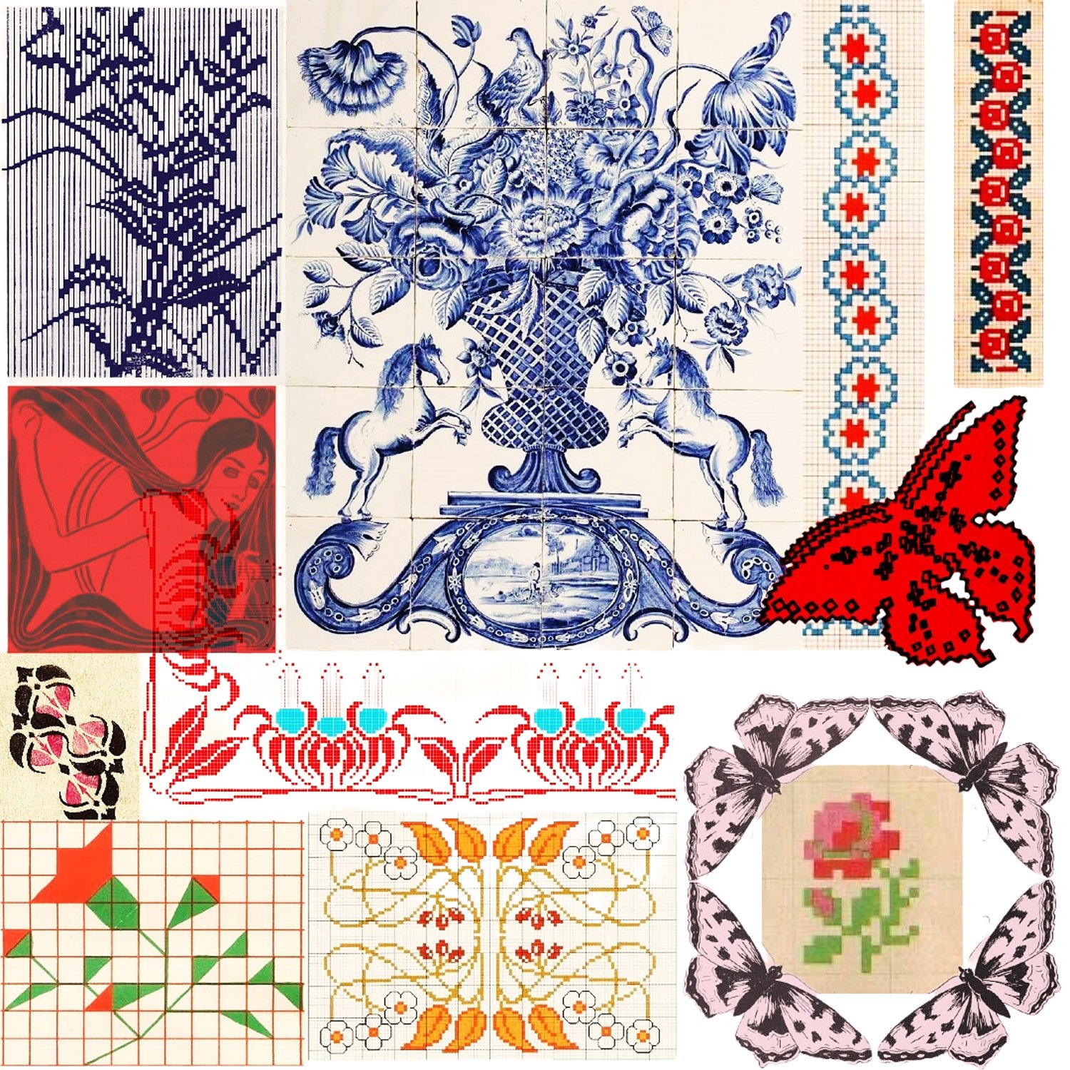 A collage of various decorative patterns and cross-stitch designs, including floral motifs, animals, and abstract geometric patterns.