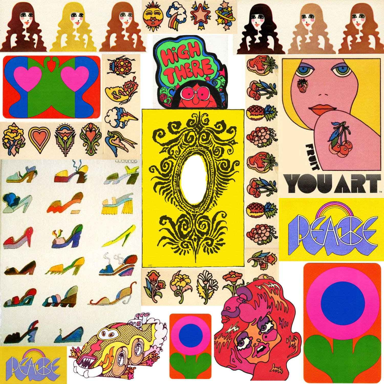 A collage of colorful psychedelic and pop art designs, including illustrated women, floral patterns, peace signs, cartoon characters, and 1960s style artwork with bright hues and bold outlines.