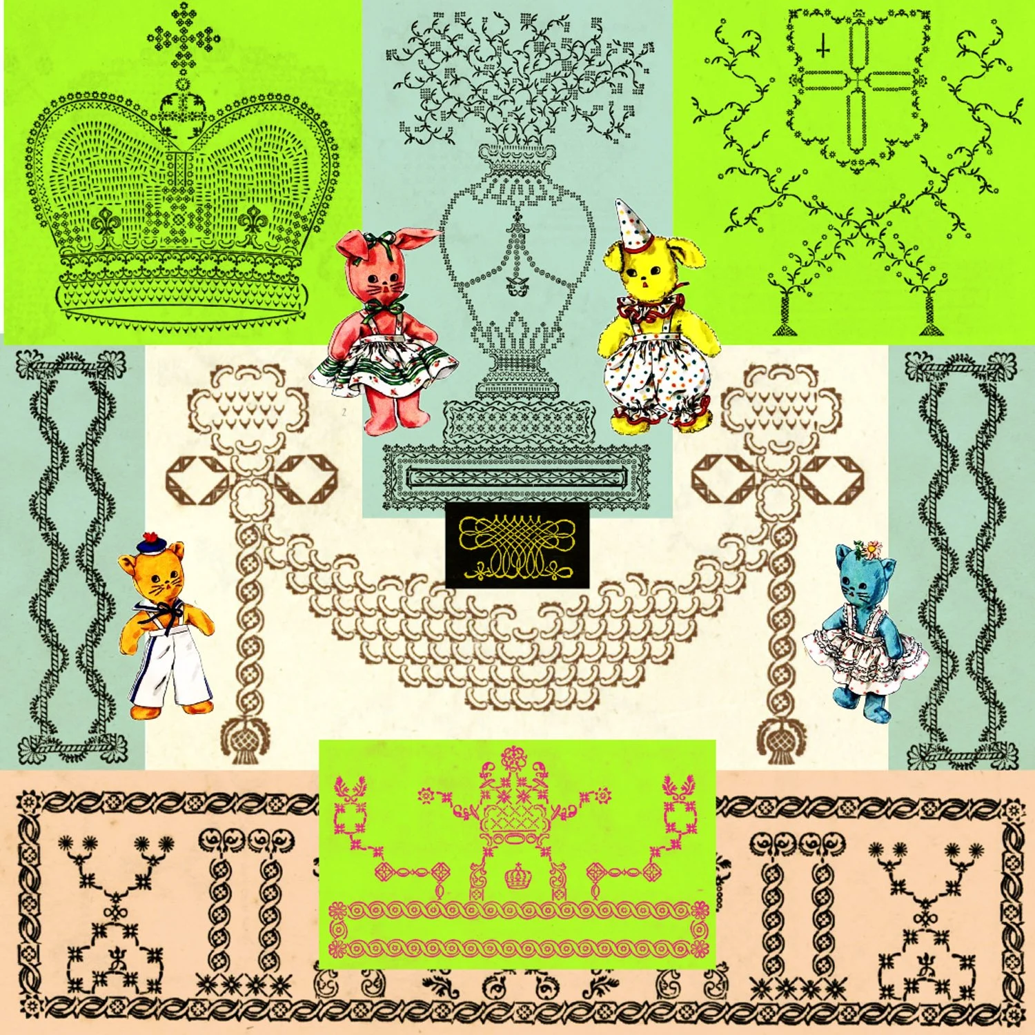 Colorful collage of embroidered and illustrated characters, including a pink rabbit, a yellow dog, a blue cat, and a yellow bear, surrounded by intricate embroidery patterns and designs, with some characters wearing dresses and accessories.