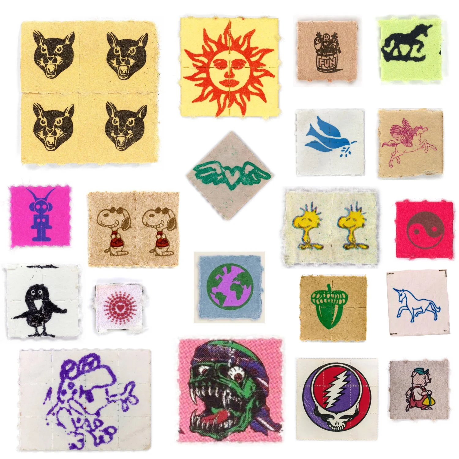 Collection of small, colorful stickers with various designs including animals, faces, symbols, and abstract images.