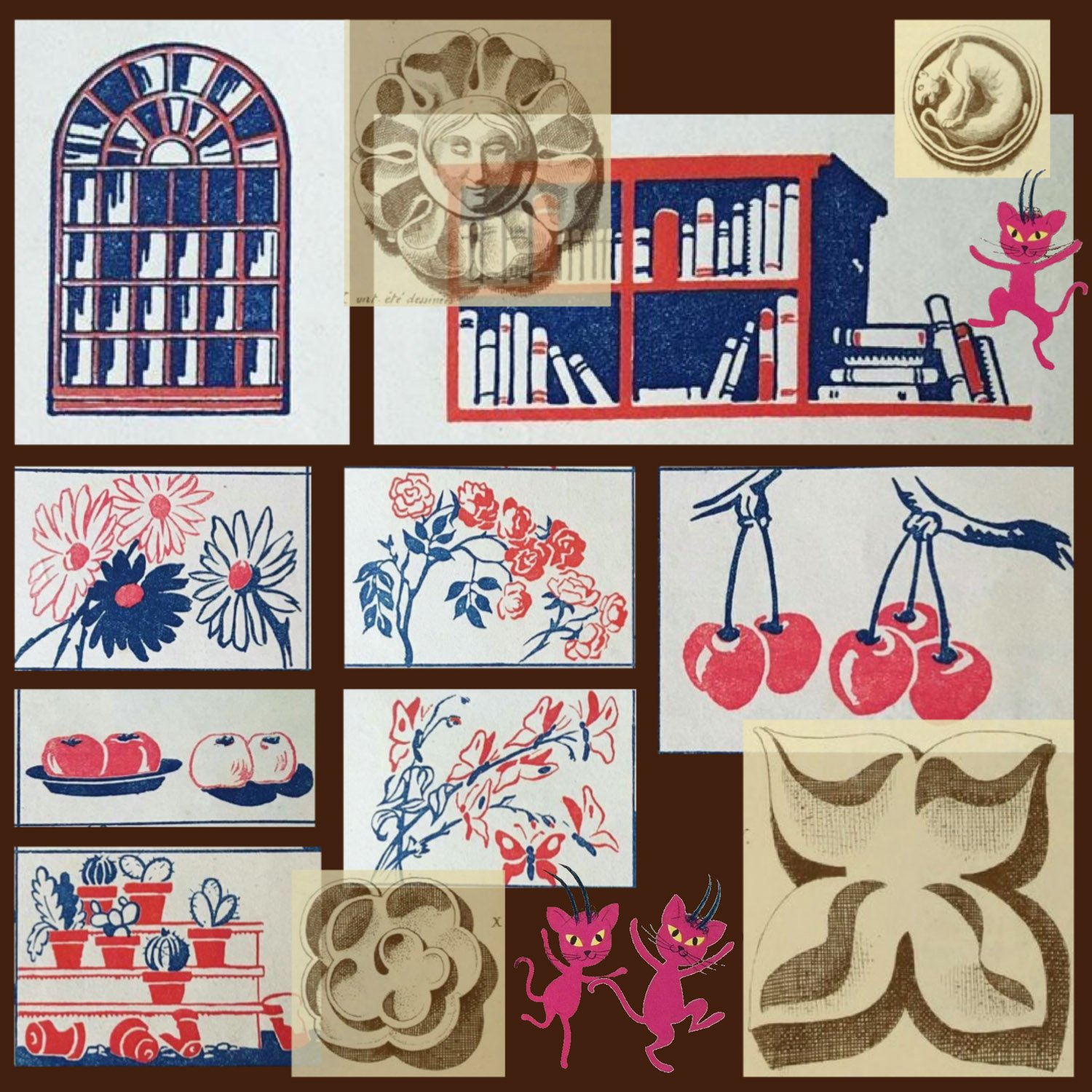Collection of images featuring bookshelves, flowers, cherries, apples, plants, and decorative patterns with playful pink cartoon cats.