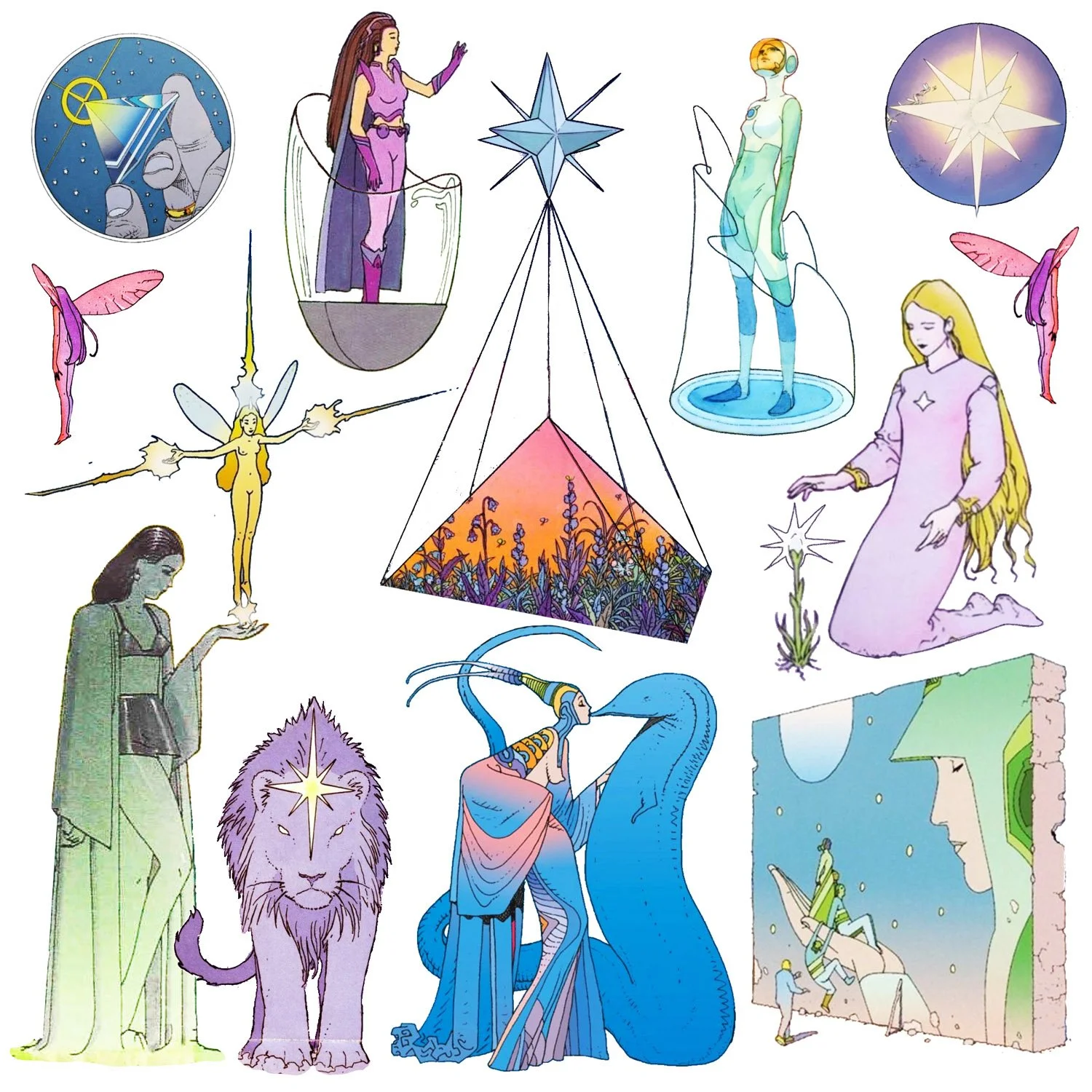 Illustration of celestial and fantasy beings, including fairies, angels, a lion with a star on its forehead, mystical figures, and cosmic elements like stars and a constellation, arranged around a central pyramid with a sunset scene.