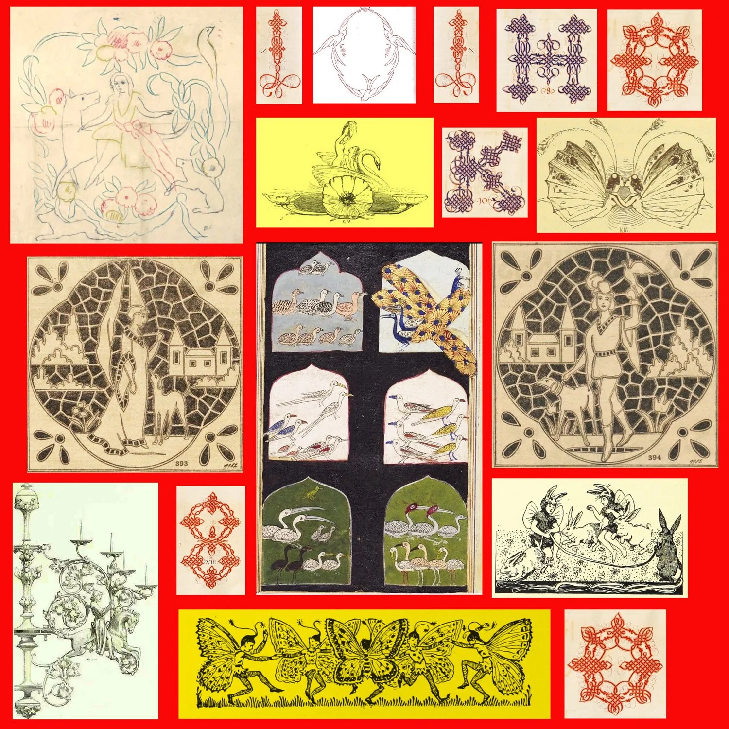 A collage of vintage illustration sketches, patterns, and designs featuring animals, birds, human figures, and decorative motifs on a red background.