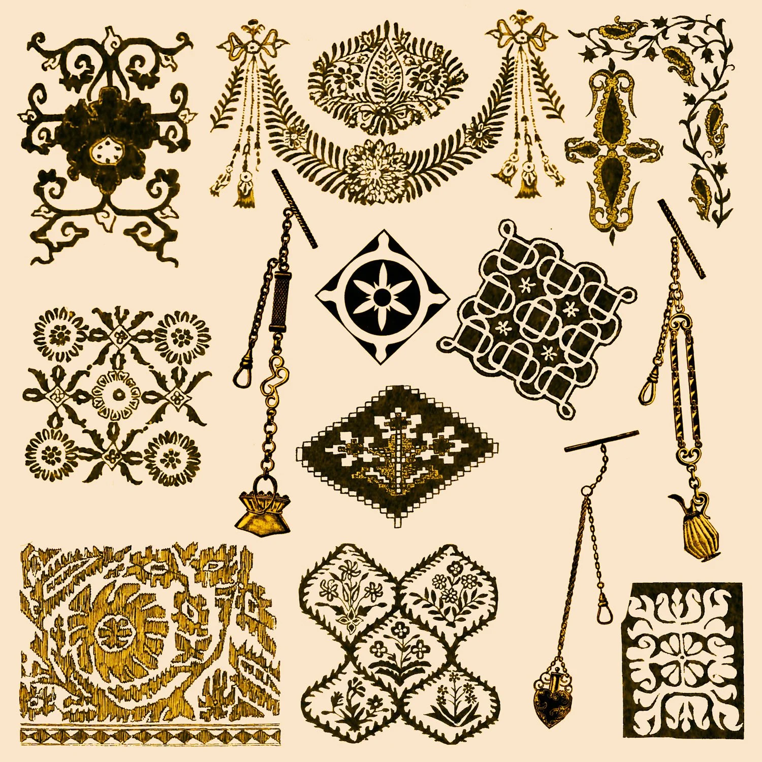 Collection of vintage jewelry and lace patterns, including necklaces, brooches, and embroidered textiles in black and gold colors.