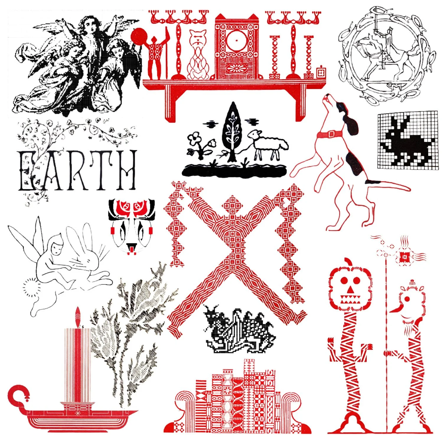 Collection of various black, red, and white illustrations related to Earth and nature, including a tree, rabbit, flowers, a candle, and symbols, along with some abstract and geometric designs.