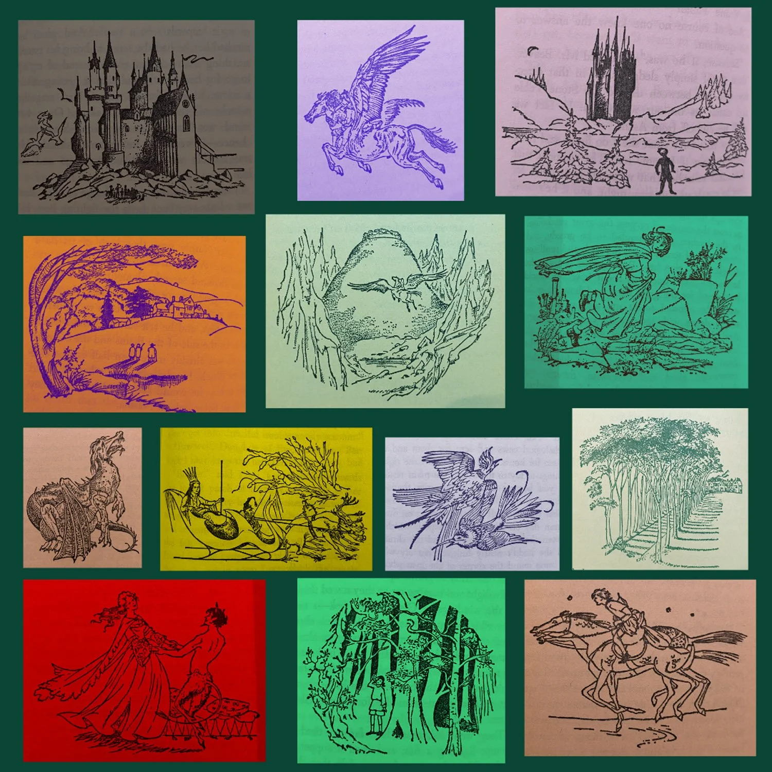 Collection of fantasy-themed sketches depicting castles, winged creatures, landscapes, and mythological beings, each on a colored background.