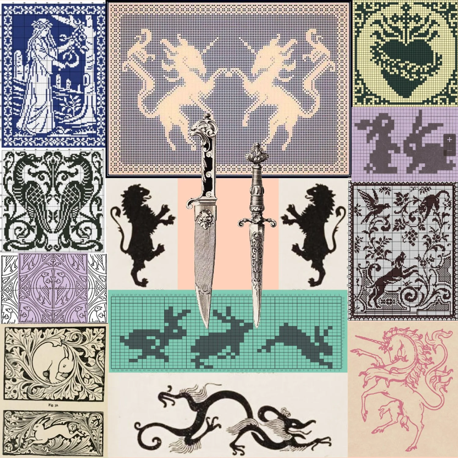 Collage featuring medieval and mythological symbols, swords, and various pixel art representations of animals, dragons, lions, unicorns, and heraldic designs.