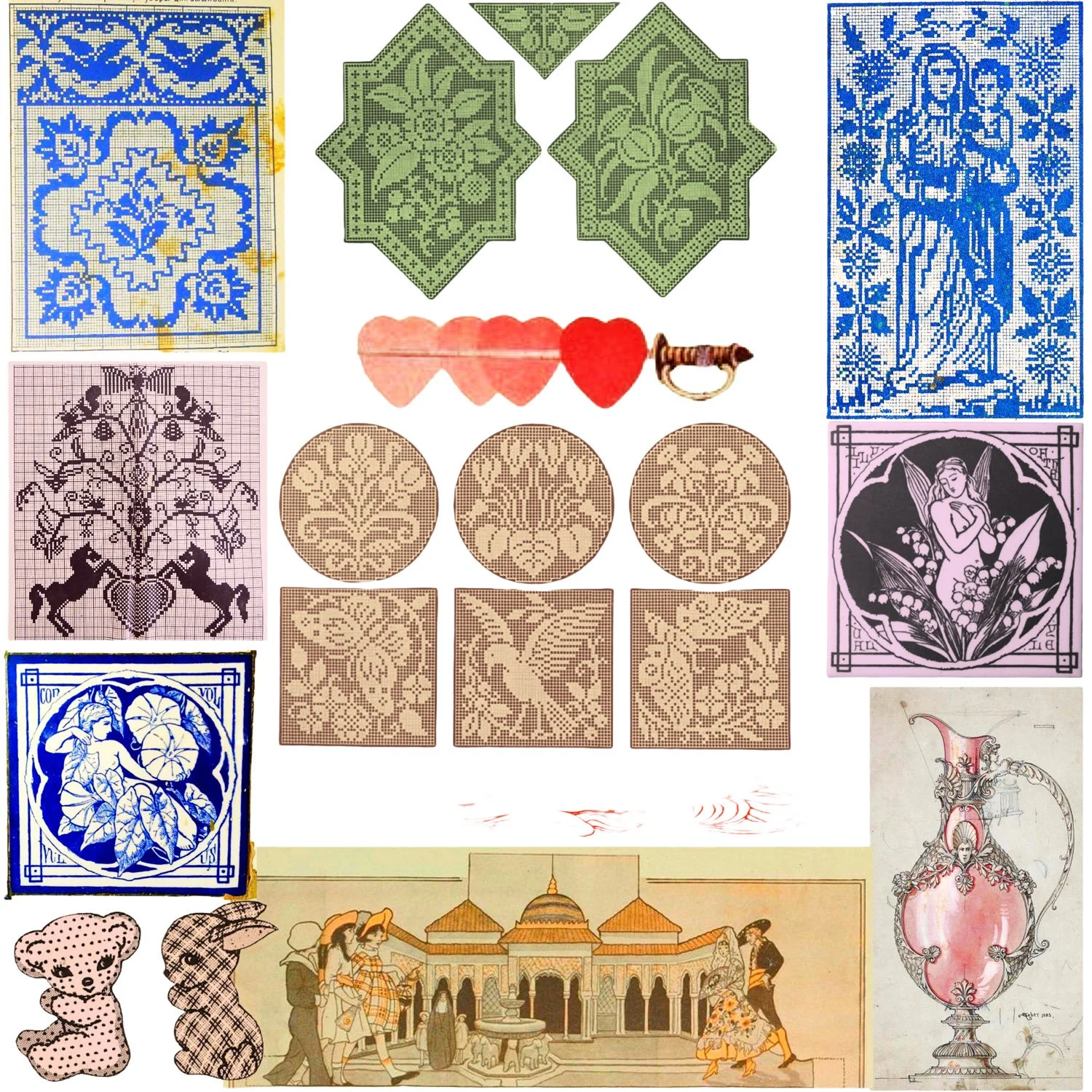 A collage of various decorative arts, including cross-stitch patterns, paper crafts, and vintage illustrations. Items include blue, green, black, and pink cross-stitch designs; paper cutouts depicting a fairy, musical instrument, and a building; a st