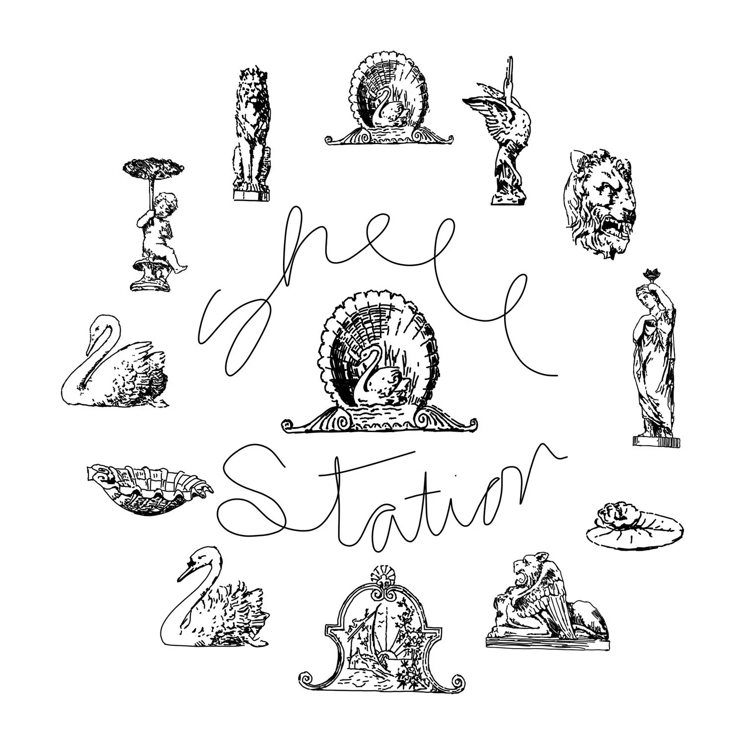 Illustration of various ancient Greek and Roman statues and symbols arranged around the handwritten words "Greek Statues" on a white background.