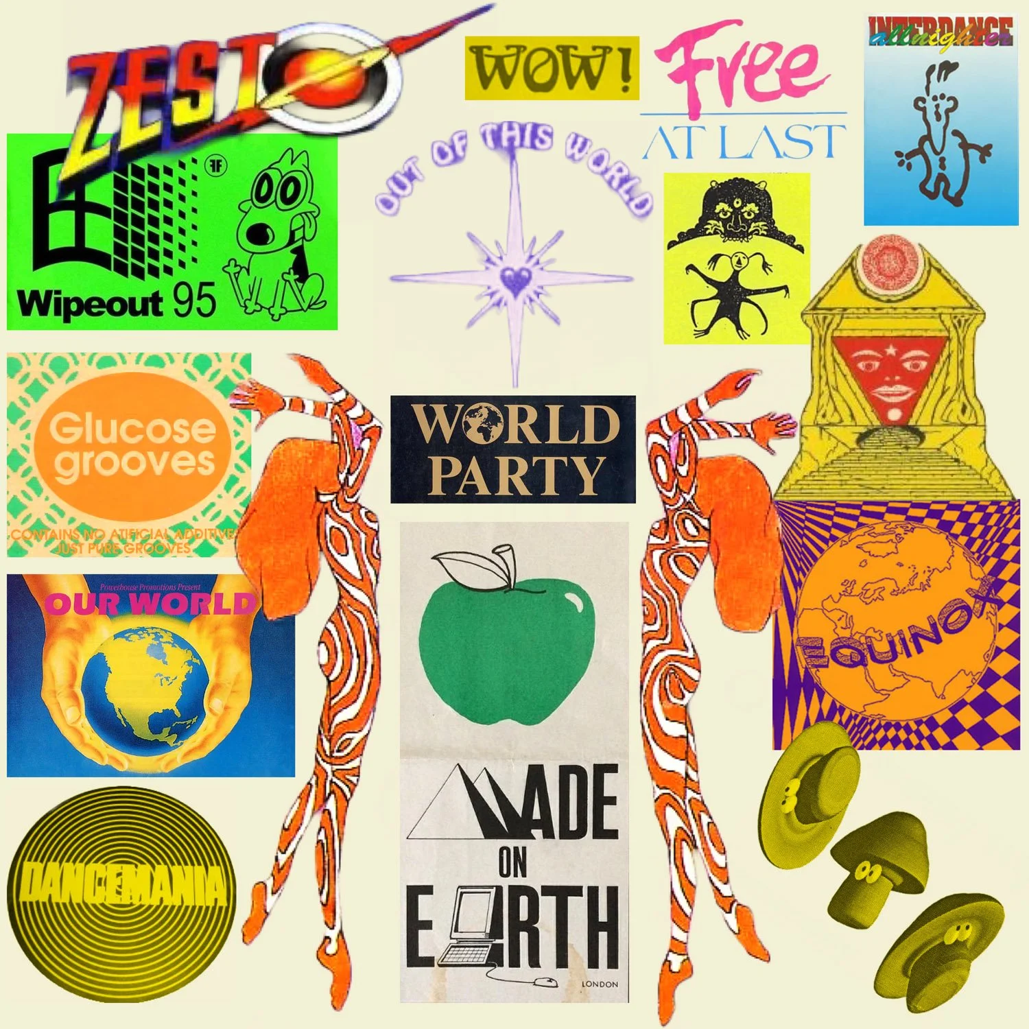 Collection of colorful, vintage-style stickers and posters with themes of world unity, peace, and environmental messages, including phrases like 'World Party,' 'Made on Earth,' 'Our World,' and various artistic graphics of globes, apples, mushrooms, 