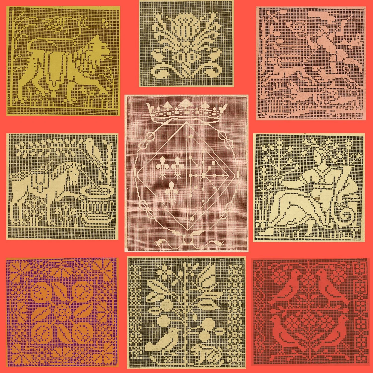 A collage of nine cross-stitch patterns featuring animals, floral designs, and geometric motifs, arranged on a red background.