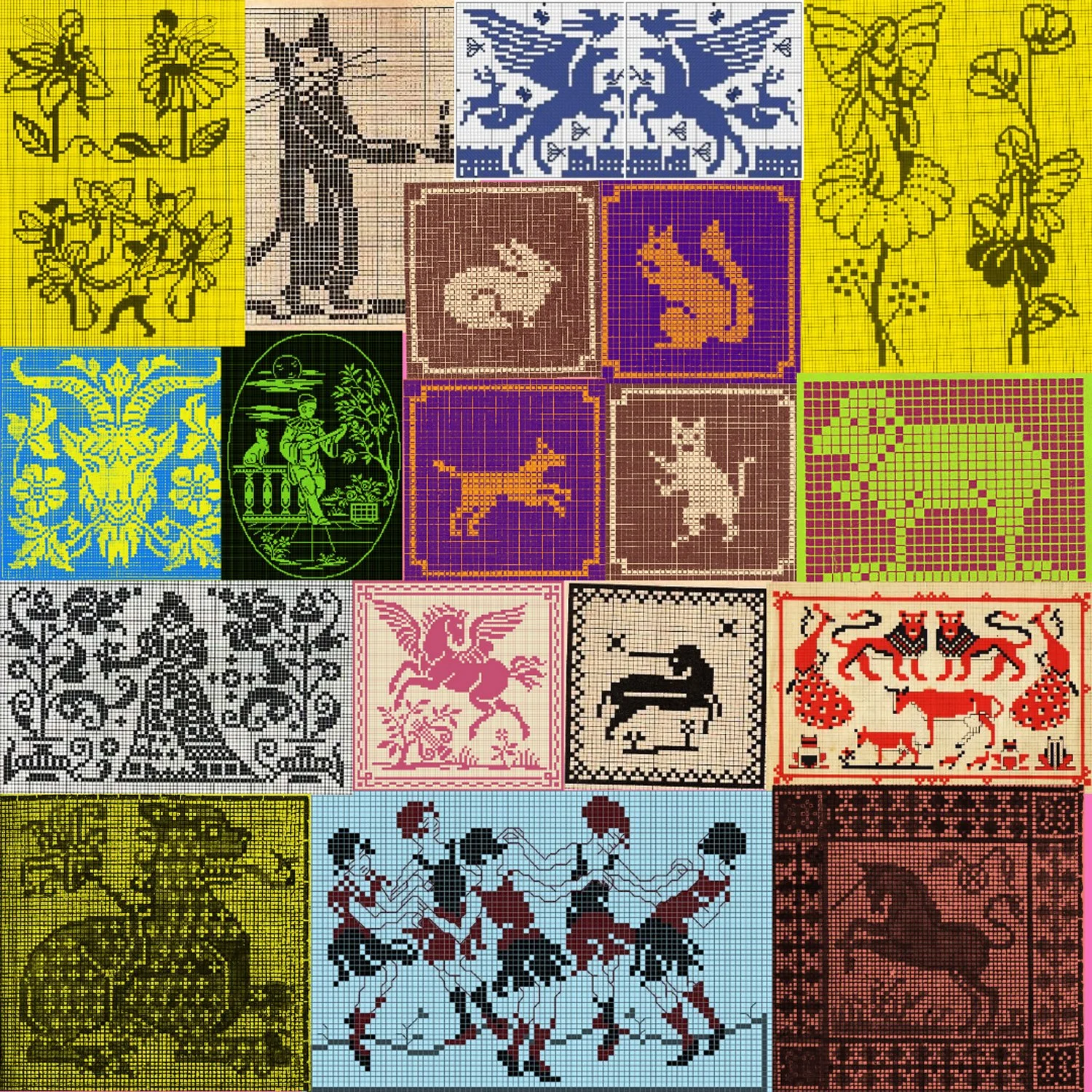 A colorful collage of pixel art images depicting various mythological, fantasy, and zodiac motifs including animals like a horse, lion, and chameleon, mythical creatures such as a winged horse and griffin, zodiac signs like Aries and Leo, and scenes 