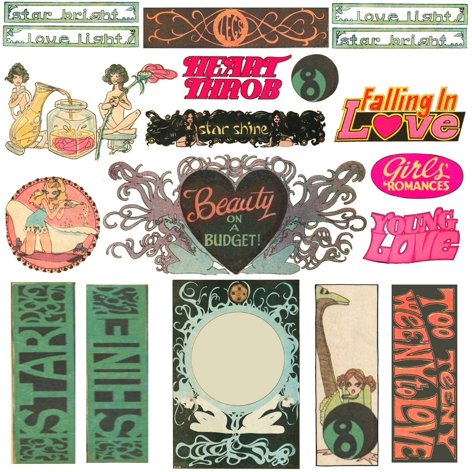 A colorful collage of vintage-style stickers with themes of love, beauty, and fun. Includes phrases like "Star Bright," "Love Light," "Falling in Love," and "Beauty on a Budget!" with various illustrations of women, hearts, an 8 ball, and decorative 