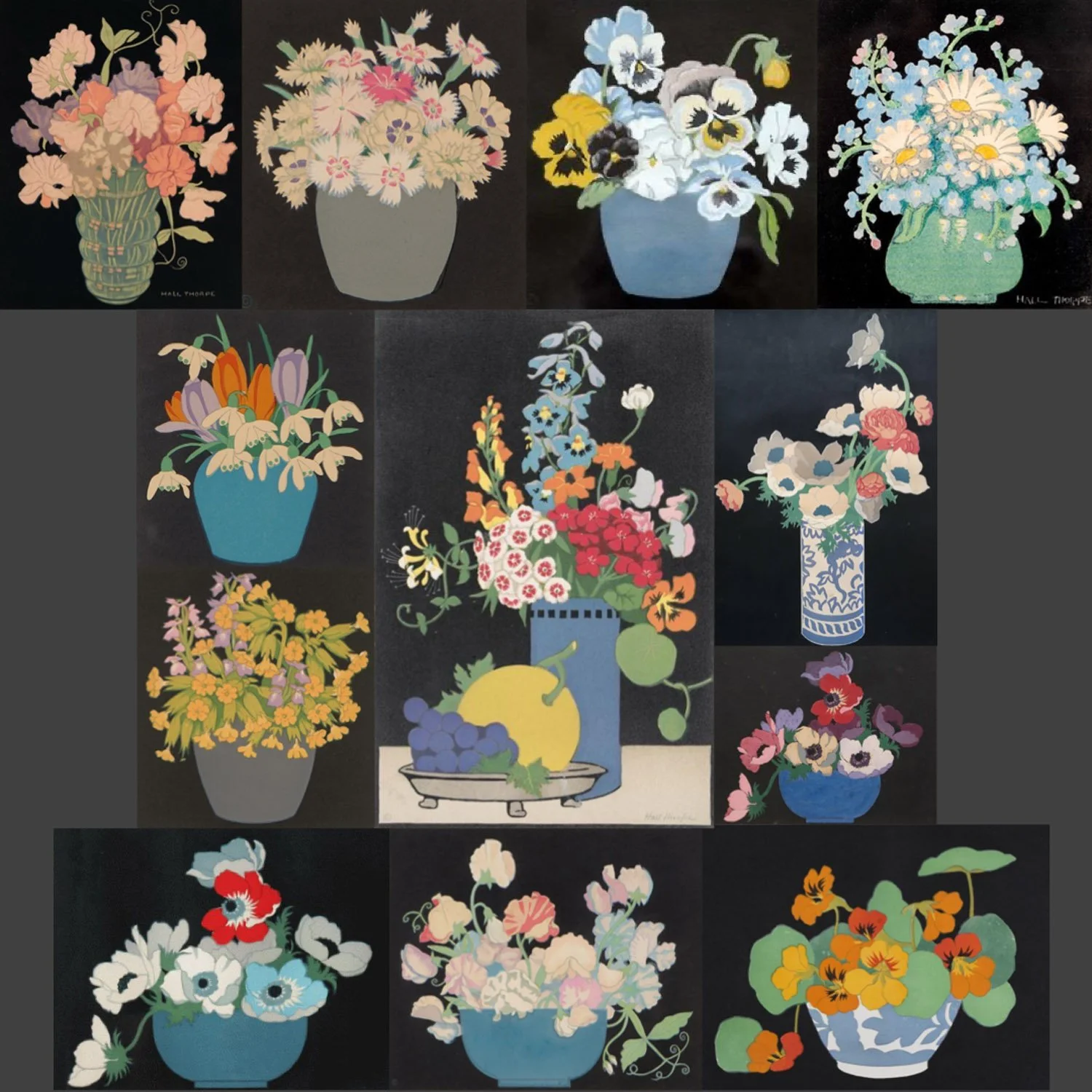 Collection of twelve floral paintings featuring various colorful flowers in different vases, each set against a black background.