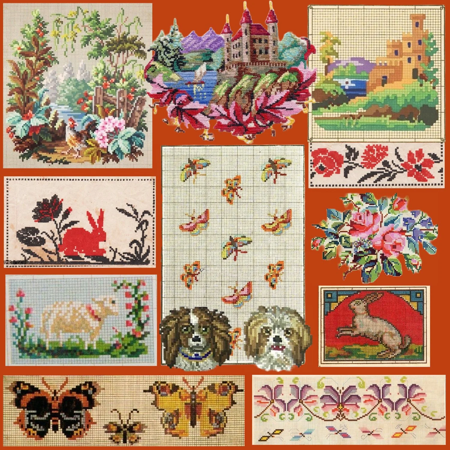 A collage of various cross-stitch patterns including a landscape with a castle, a castle on a hill, a floral bouquet, a white rabbit, dogs, bees, butterflies, and decorative floral borders.