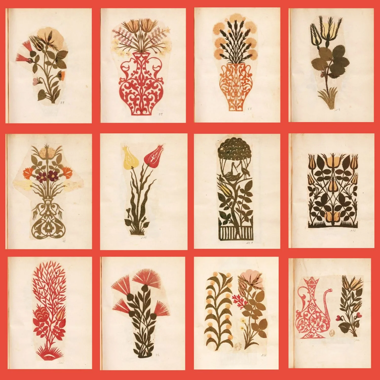 Collection of twelve vintage botanical illustrations of flowers and plants in simple vases and arrangements, arranged in a grid with a red background.