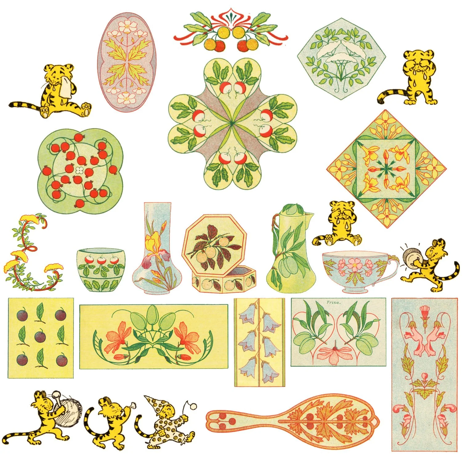 A collection of vintage-style illustrations featuring flowers, fruits, and playful tiger characters, arranged in various geometric and decorative patterns, including teacups, pitchers, and ornamental designs in soft pastel colors.