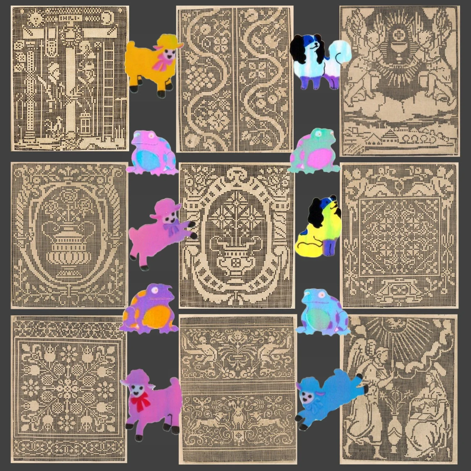 Colored stickers of dogs and frogs placed on a grid of patterned wooden panels.