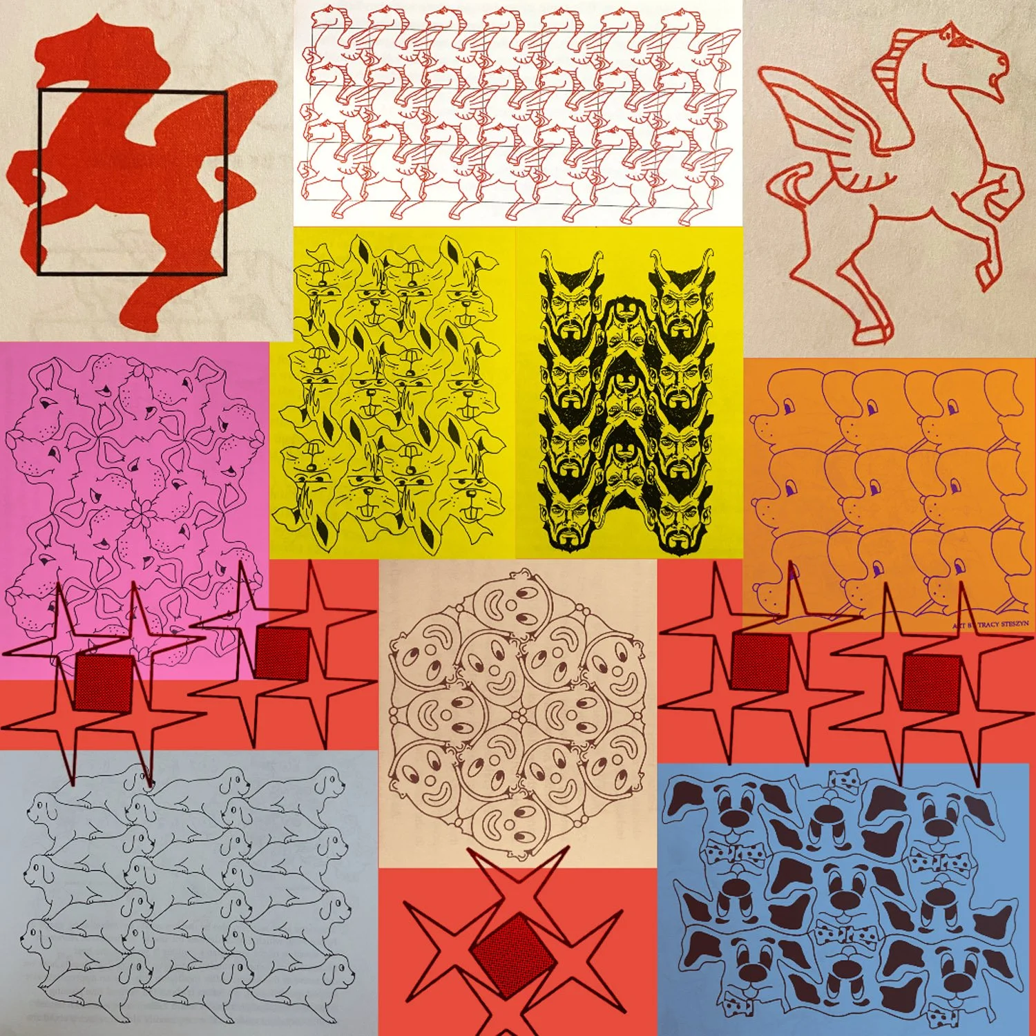 A collage of various line and silhouette drawings of animals and creatures, including horses, dogs, cats, demons, and mythical beings, in different colors and styles.