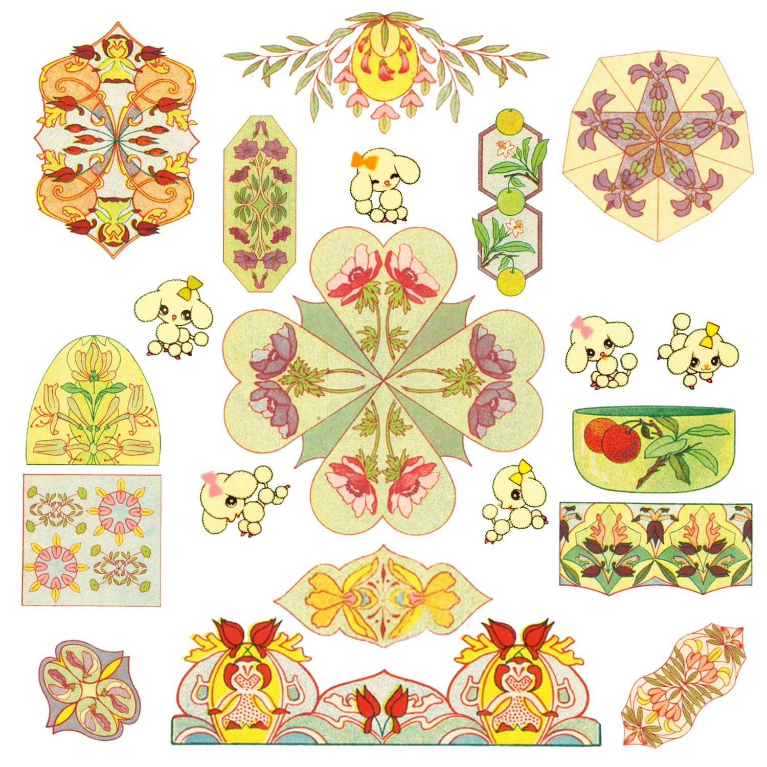 Decorative collage featuring floral and geometric patterns, cartoon dogs with bows, and cherries with leaves, all in pastel colors.