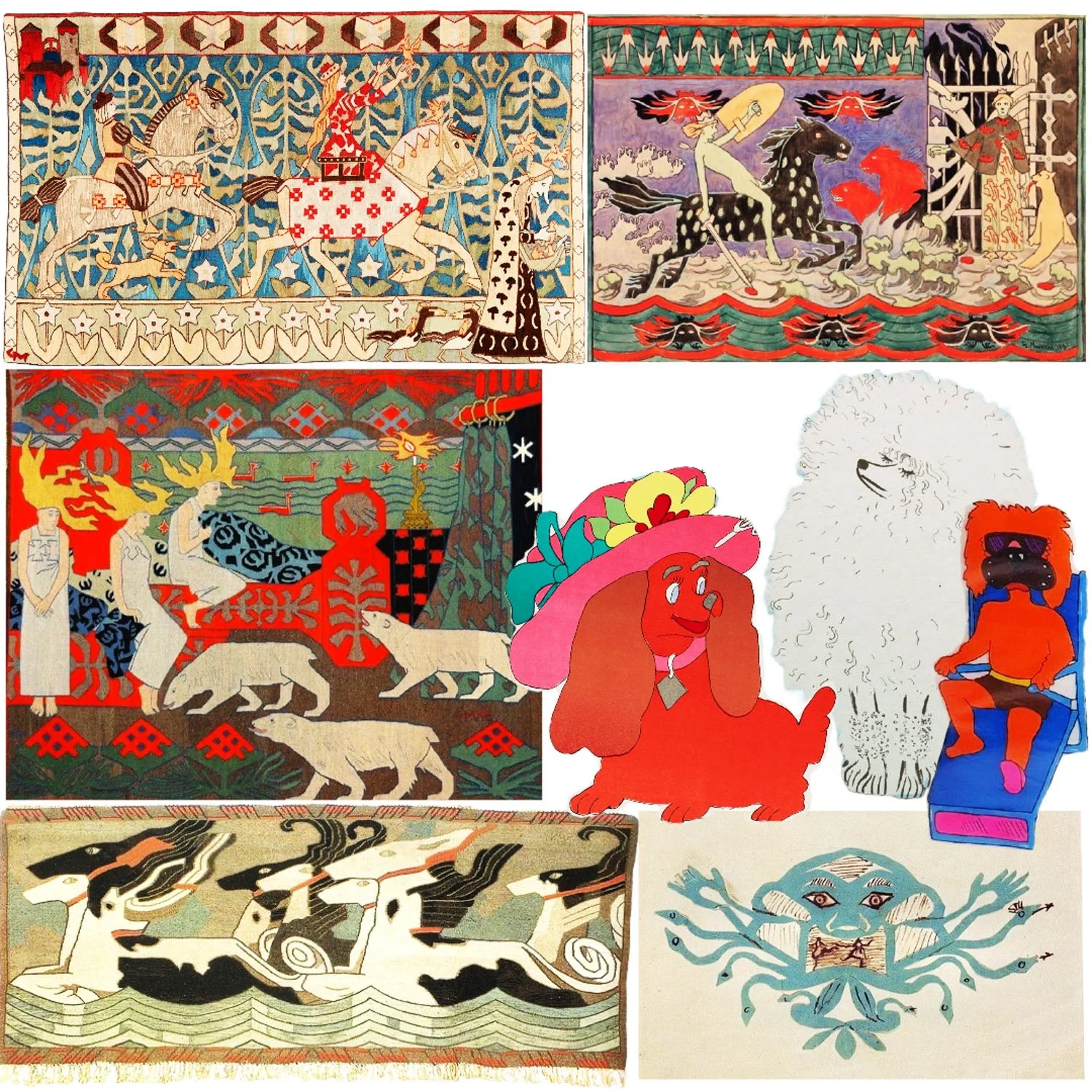 A collage of colorful, stylized illustrations from traditional and folk art, featuring animals such as horses, dogs, and mythical creatures, along with human figures in vibrant settings.