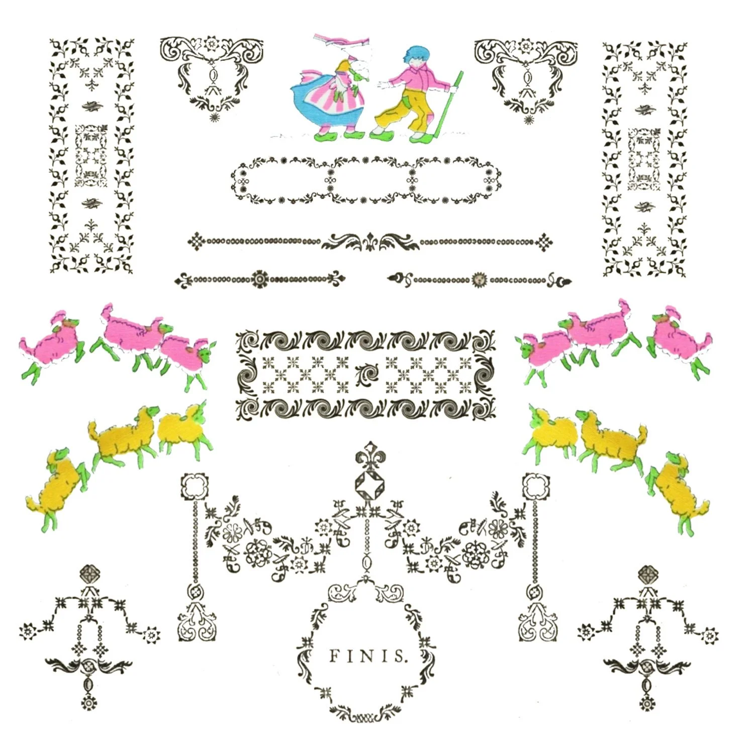 Decorative illustration featuring pink and yellow cartoon sheep, two children skating, and various ornate black floral and geometric patterns. The word 'FINIS' at the bottom indicates the end of a story.
