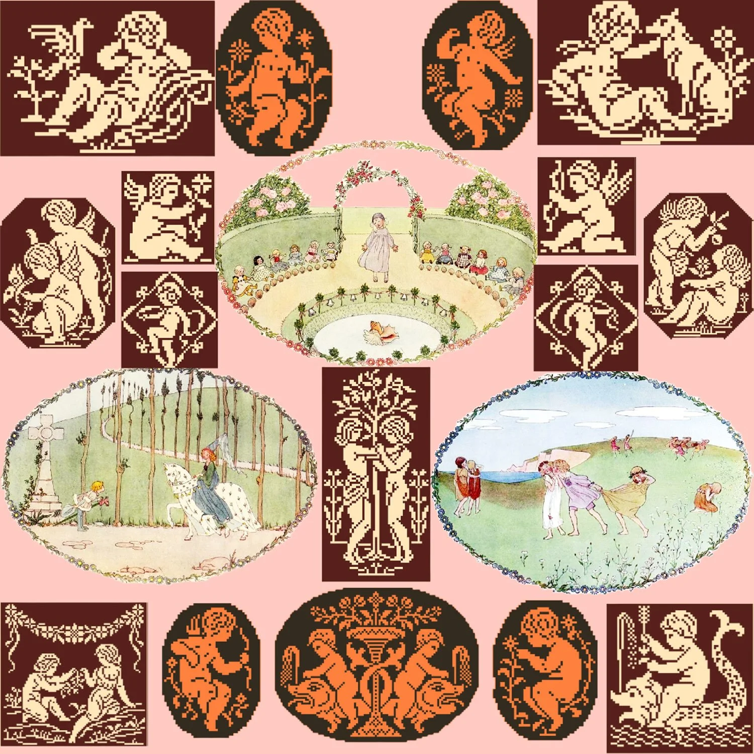 A collage featuring multiple images and patterns, including scenes of children playing, antique-style illustrations of cherubs, and decorative elements on a pink background.