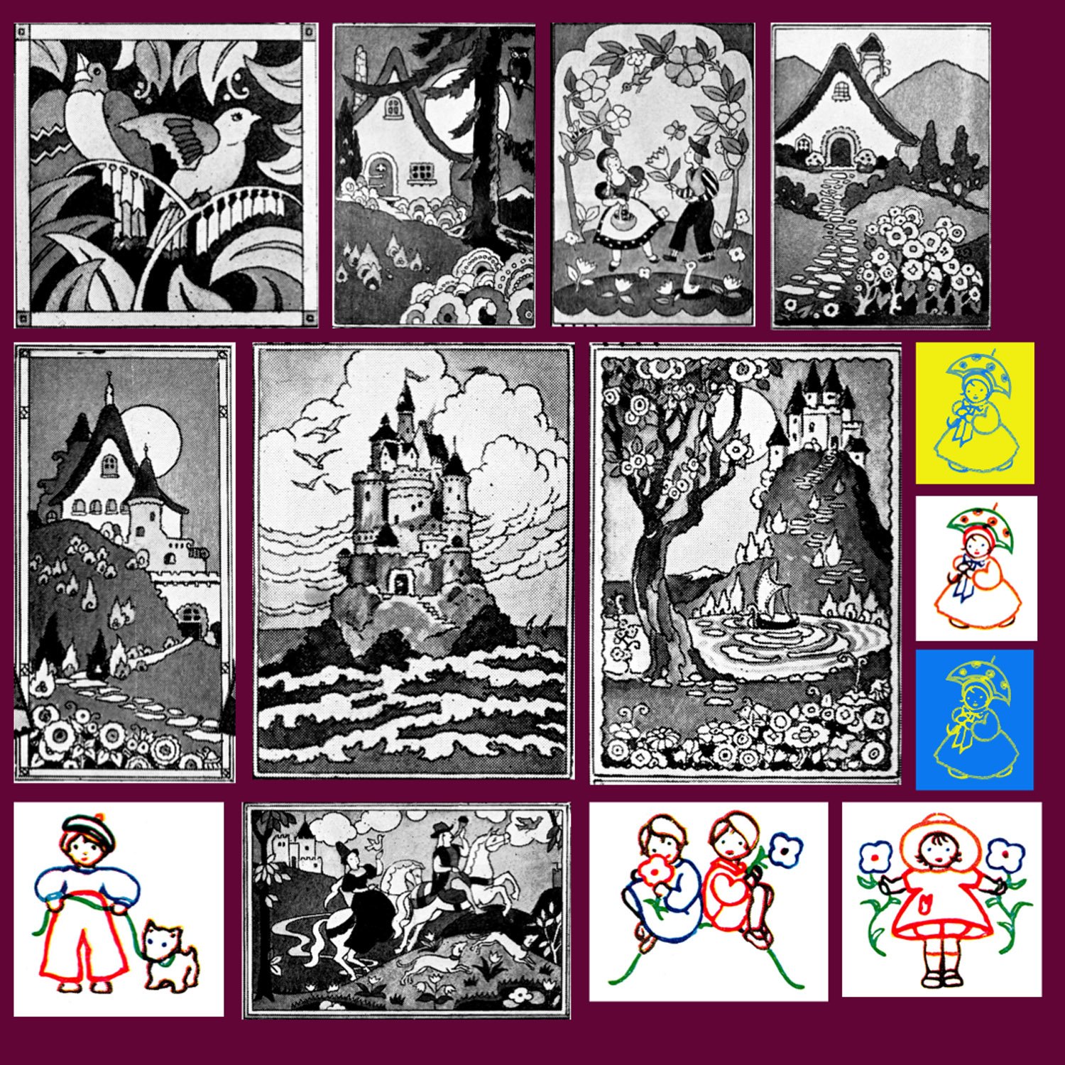 A collection of black-and-white fairy tale illustrations featuring castles, forests, and characters, with colorful depictions of children and fairies on the side.