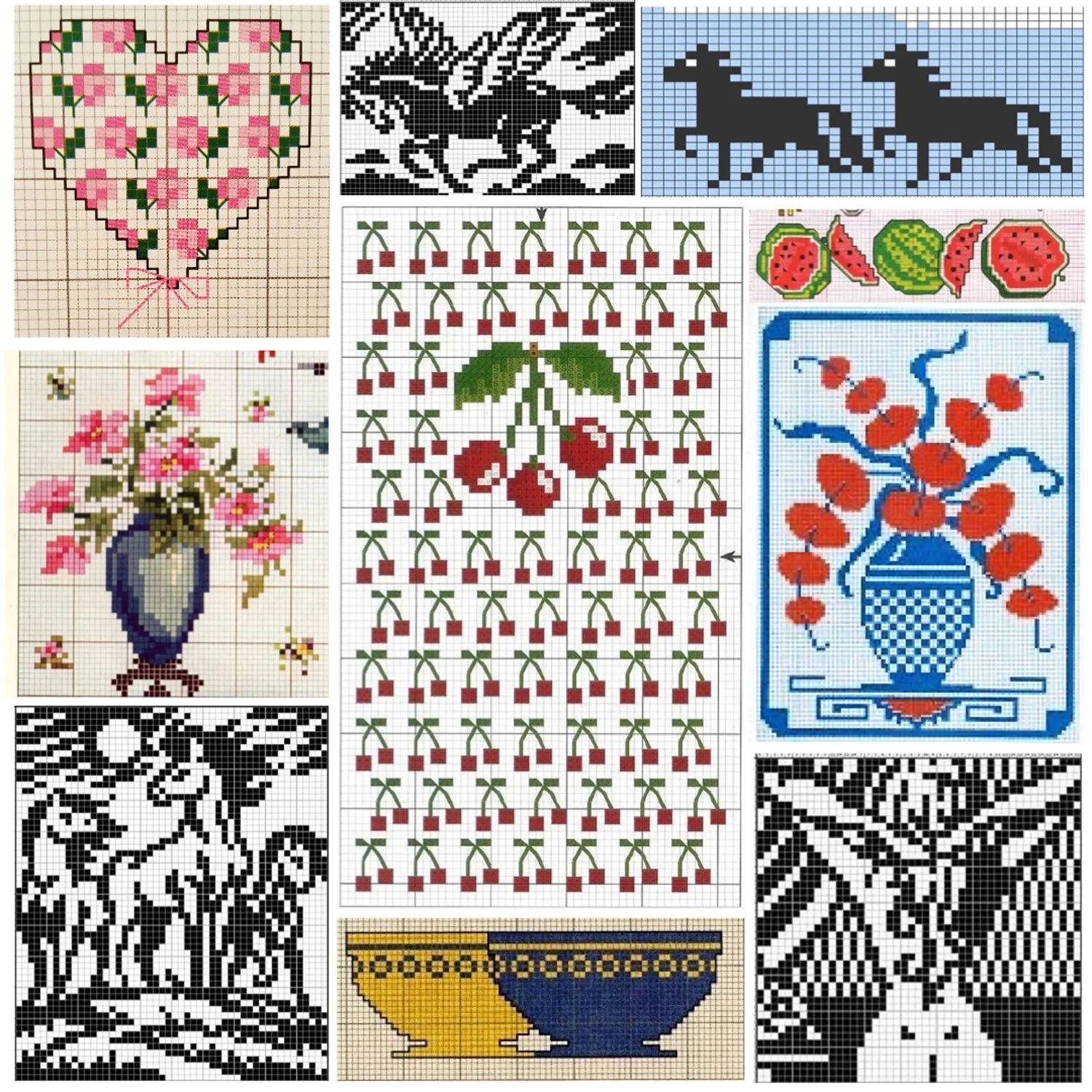 Collection of pixel art images featuring floral arrangements, animals, and decorative patterns.