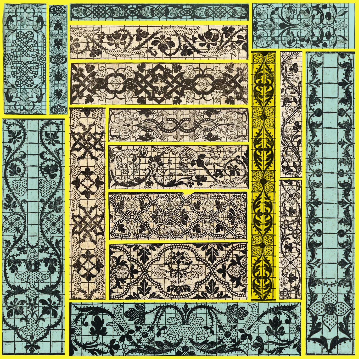 A collection of intricate black lace patterns on a white background, outlined with yellow borders, featuring floral, geometric, and scrolling designs.