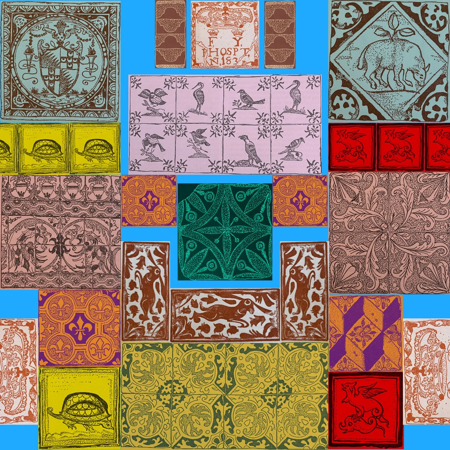 A colorful arrangement of various decorative tiles with intricate patterns and designs, including birds, animals, and geometric shapes, set against a blue background.
